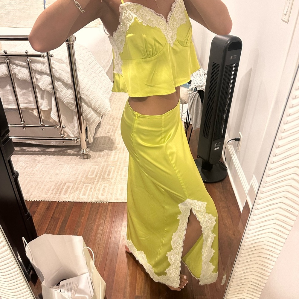 NWT!! Neon green satin lace skirt/cami set